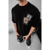 Biçomi Erkek Baskılı Oversize T-shirt - Siyah