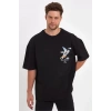 Biçomi Erkek Melek Baskılı Oversize T-shirt - Siyah