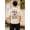Biçomi Erkek Ön Ve Arka Tokyo Kuş Çiçek Baskılı Oversize T-Shirt - Ekru