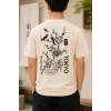 Biçomi Erkek Ön Ve Arka Tokyo Kuş Çiçek Baskılı Oversize T-Shirt - Ekru