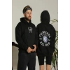 Biçomi Erkek Sırt Baskılı Oversize Üç İplik Kapüşonlu Hoodie Sweatshirt - Siyah