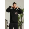 Biçomi Erkek Sırt Baskılı Oversize Üç İplik Kapüşonlu Sweatshirt - Siyah