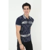 Biçomi Erkek Yakalı Slim Fit Baskılı T-Shirt - Lacivert