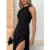 Biçomi Kadın Halter Yaka Derin Yırtmaç Detaylı Tam Boy Ithal Krep Abiye Elbise