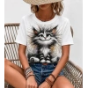 Biçomi Kadın Kısa Kollu Bisiklet Yaka Kedi Baskılı Süprem Bluz