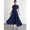 Biçomi Kadın Omuzdan Açık Kısa Kollu Omuzdan Pileli Uzun Janjan Krep Elbise