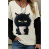 Biçomi Kadın Uzun Kollu V Yakalı Kedi Baskılı şardonlu Dalgıç Bluz