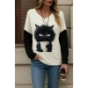Biçomi Kadın Uzun Kollu V Yakalı Kedi Baskılı şardonlu Dalgıç Bluz