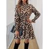 Biçomi Kadın Uzun Kollu Yarı Balıkçı Yaka Leopar Desenli Modal Mini Elbise