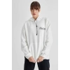 Biçomi Kapüşonlu Sırt Baskılı Üç İplik Oversize Sweatshirt - Beyaz
