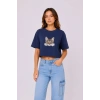 Biçomi Kedi Baskılı Oversize Crop Tişört Salaş Basic Yarım Kol T-shirt - Lacivert