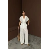 Biçomi KETEN V YAKA BELDEN BAĞLAMALI BLUZ-PANTOLON TAKIM - Beyaz