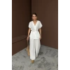 Biçomi KETEN V YAKA BELDEN BAĞLAMALI BLUZ-PANTOLON TAKIM - Beyaz