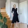 Biçomi Krep Kumaş Midi Boy Kuşaklı Uzunkol Elbise 113 Cm