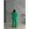 Biçomi OMUZ MİDYE SIRALI BLUZ - PAÇA PENSLİ PANTOLON TAKIM - Yeşil