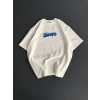 Biçomi Ön Ve Arka Baskılı Oversize Bisiklet Yaka T-shirt- Beyaz