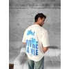 Biçomi Ön Ve Arka Baskılı Oversize Bisiklet Yaka T-shirt- Beyaz