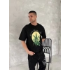 Biçomi Ön Ve Arka Baskılı Oversize Bisiklet Yaka T-shirt- Siyah