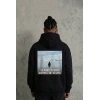 Biçomi Siyah Oversize Hoodie - Sırt Baskılı Survivor Penguin Temalı, Felsefi Yazılı Kapüşonlu Sweatshirt - Siyah