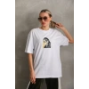 Biçomi Unisex Baskılı Oversize T-Shirt - Beyaz
