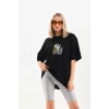 Biçomi Unisex Baskılı Oversize T-Shirt - Siyah