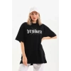 Biçomi Unisex Baskılı Oversize T-Shirt - Siyah