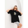 Biçomi Unisex Baskılı Oversize T-Shirt - Siyah