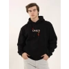 Biçomi Unisex Baskılı Oversize Üç İplik Kapüşonlu Sweatshirt - Siyah