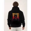 Biçomi Unisex Baskılı Oversize Üç İplik Kapüşonlu Sweatshirt - Siyah