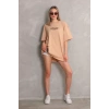 Biçomi Unisex Bisiklet Yaka Baskılı Oversize T-Shirt - Bej
