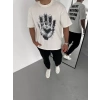 Biçomi Unisex Bisiklet Yaka Baskılı Oversize T-Shirt - Beyaz