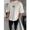 Biçomi Unisex Bisiklet Yaka Baskılı Oversize T-Shirt - Beyaz