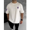 Biçomi Unisex Bisiklet Yaka Baskılı Oversize T-Shirt - Beyaz
