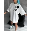 Biçomi Unisex Bisiklet Yaka Baskılı Oversize T-Shirt - Beyaz