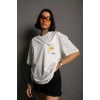 Biçomi Unisex Bisiklet Yaka Baskılı Oversize T-Shirt - Beyaz