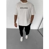 Biçomi Unisex Bisiklet Yaka Baskılı Oversize T-Shirt - Beyaz
