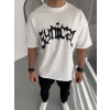 Biçomi Unisex Bisiklet Yaka Baskılı Oversize T-Shirt - Beyaz
