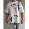 Biçomi Unisex Bisiklet Yaka Baskılı Oversize T-Shirt - Beyaz