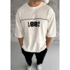 Biçomi Unisex Bisiklet Yaka Baskılı Oversize T-Shirt - Beyaz