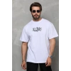 Biçomi Unisex Bisiklet Yaka Baskılı Oversize T-Shirt - Beyaz