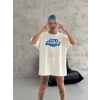 Biçomi Unisex Bisiklet Yaka Baskılı Oversize T-Shirt - Beyaz