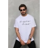 Biçomi Unisex Bisiklet Yaka Baskılı Oversize T-Shirt - Beyaz