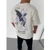 Biçomi Unisex Bisiklet Yaka Baskılı Oversize T-Shirt - Beyaz