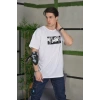 Biçomi Unisex Bisiklet Yaka Baskılı Oversize T-Shirt - Beyaz