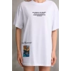 Biçomi Unisex Bisiklet Yaka Baskılı Oversize T-Shirt - Beyaz