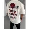 Biçomi Unisex Bisiklet Yaka Baskılı Oversize T-Shirt - Beyaz