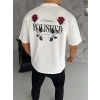 Biçomi Unisex Bisiklet Yaka Baskılı Oversize T-Shirt - Beyaz