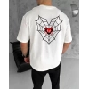 Biçomi Unisex Bisiklet Yaka Baskılı Oversize T-Shirt - Beyaz
