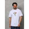 Biçomi Unisex Bisiklet Yaka Baskılı Oversize T-Shirt - Beyaz