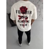 Biçomi Unisex Bisiklet Yaka Baskılı Oversize T-Shirt - Beyaz